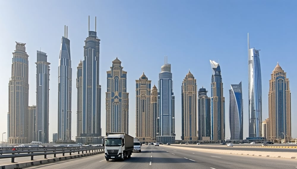 Dubai skyline with iconic landmarks and travel vehicles Dubai skyline with iconic landmarks and travel vehicles