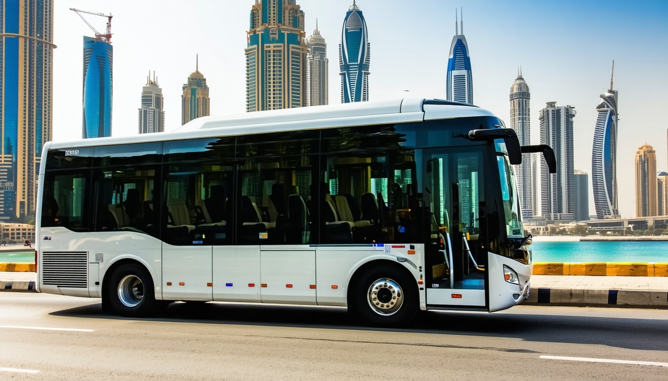 Luxury bus travelling through Dubai cityscape